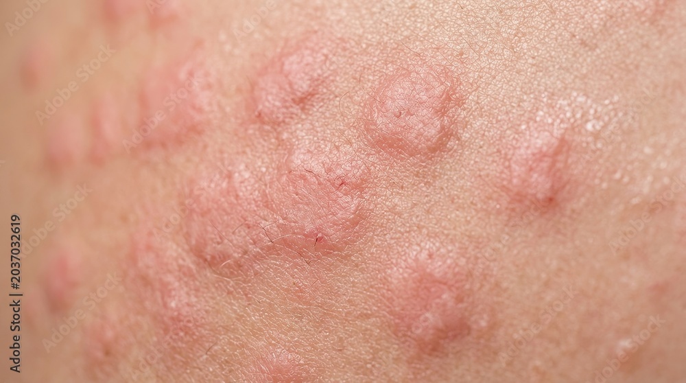Fototapeta premium Extreme macro skin rash close up with irritated red hives dermatology medical texture detail
