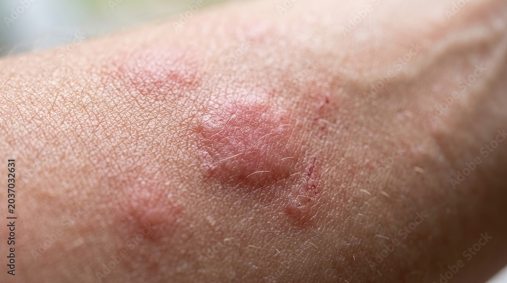 Fototapeta premium Extreme macro skin rash close up with irritated red hives dermatology medical texture detail