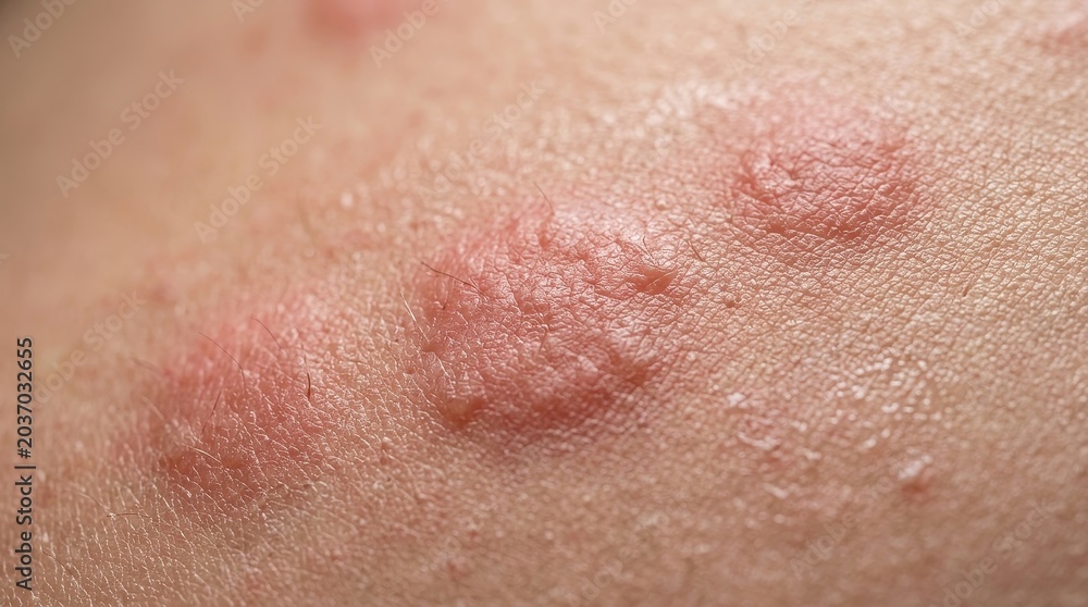 Fototapeta premium Extreme macro skin rash close up with irritated red hives dermatology medical texture detail