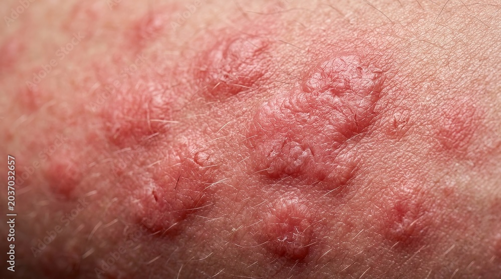 Fototapeta premium Extreme macro skin rash close up with irritated red hives dermatology medical texture detail