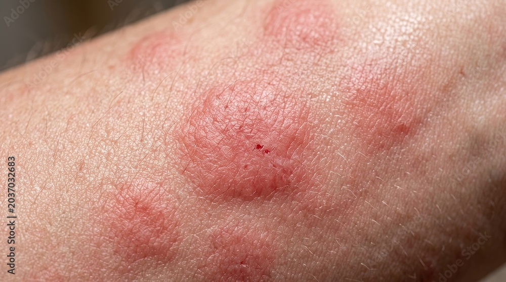 Fototapeta premium Extreme macro skin rash close up with irritated red hives dermatology medical texture detail
