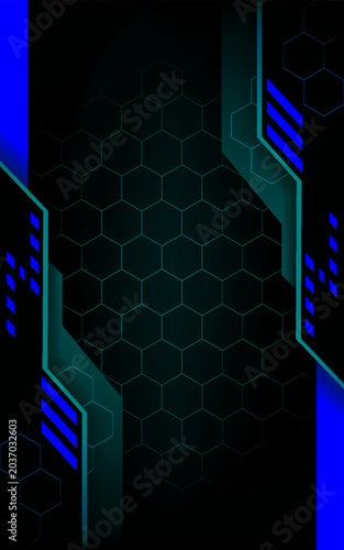 Abstract Futuristic Dark Blue and Black Digital Technology Background with Hexagon Pattern and Glowing Elements
