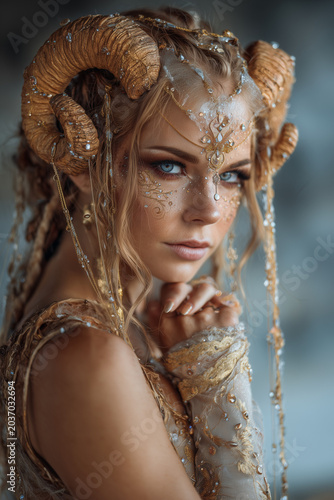 Fantasy portrait of a woman as an ethereal goddess with golden horns, mystical zodiac character, elegant fashion style