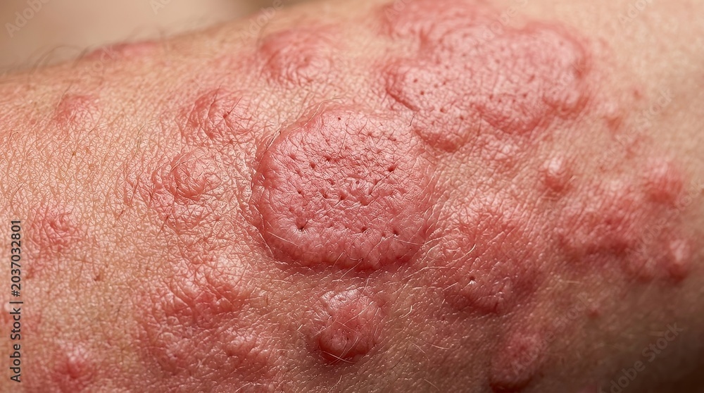 Fototapeta premium Extreme macro skin rash close up with irritated red hives dermatology medical texture detail
