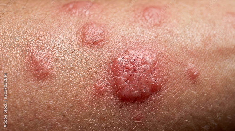 Fototapeta premium Extreme macro skin rash close up with irritated red hives dermatology medical texture detail
