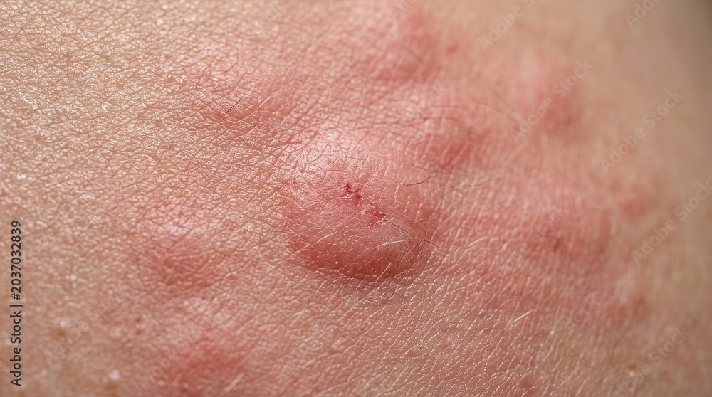Fototapeta premium Extreme macro skin rash close up with irritated red hives dermatology medical texture detail