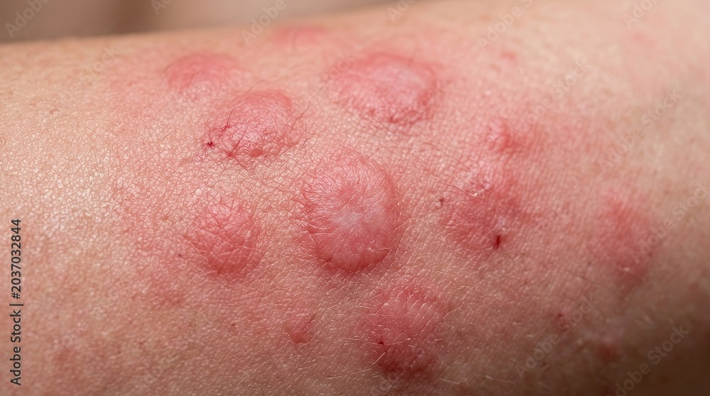 Fototapeta premium Extreme macro skin rash close up with irritated red hives dermatology medical texture detail