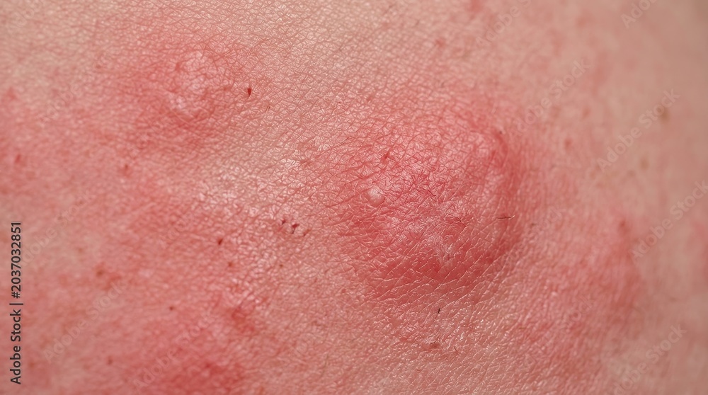 Fototapeta premium Extreme macro skin rash close up with irritated red hives dermatology medical texture detail