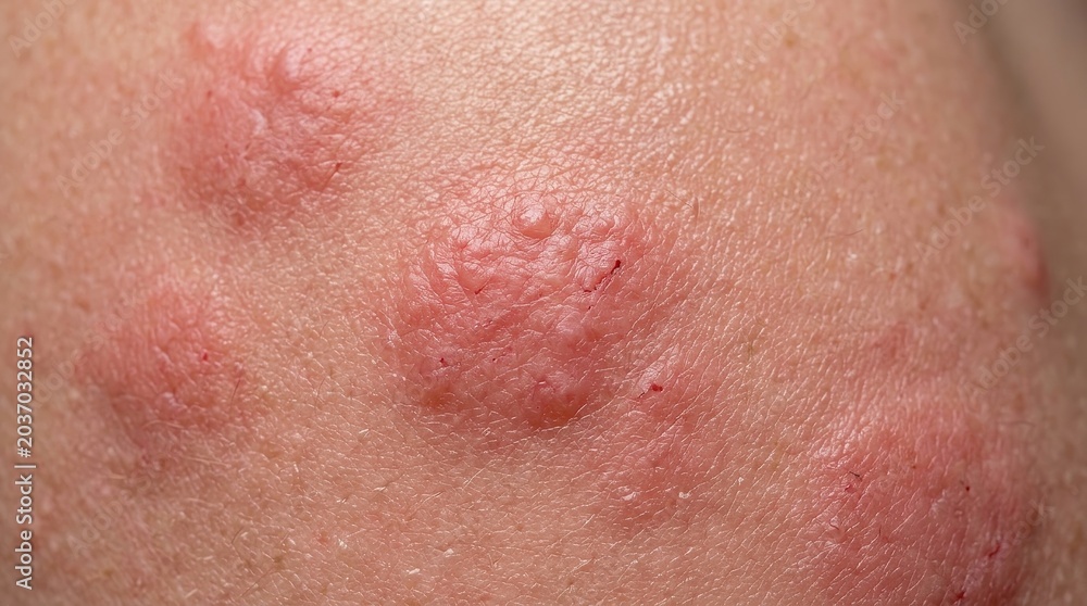 Fototapeta premium Extreme macro skin rash close up with irritated red hives dermatology medical texture detail