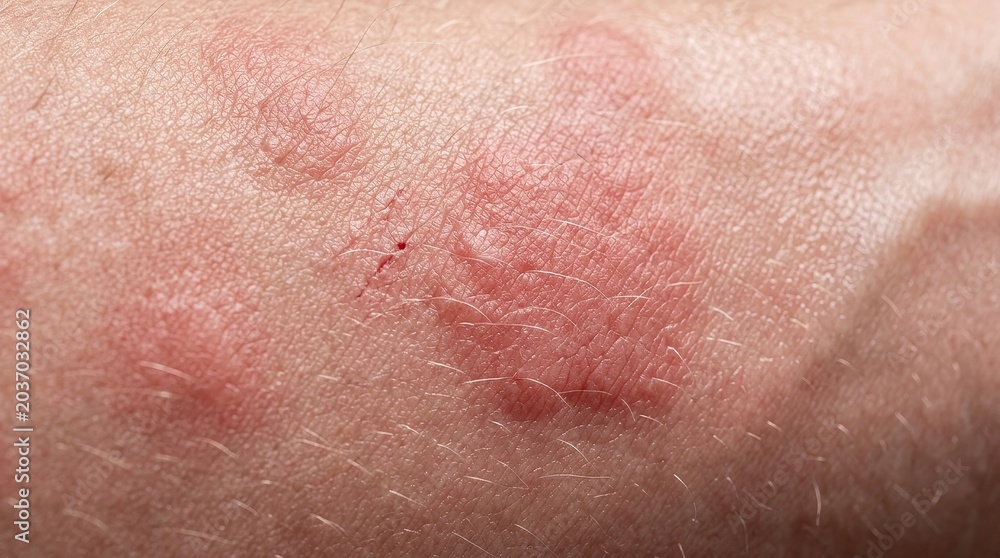 Fototapeta premium Extreme macro skin rash close up with irritated red hives dermatology medical texture detail