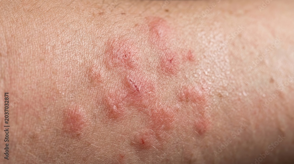 Fototapeta premium Extreme macro skin rash close up with irritated red hives dermatology medical texture detail