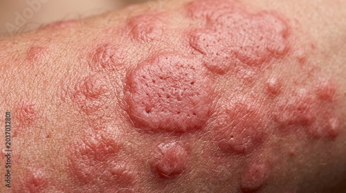 Extreme macro skin rash close up with irritated red hives dermatology medical texture detail