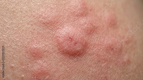 Extreme macro skin rash close up with irritated red hives dermatology medical texture detail