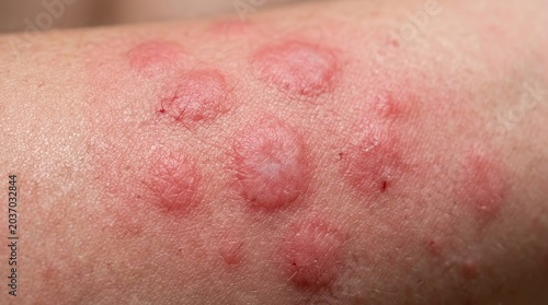 Extreme macro skin rash close up with irritated red hives dermatology medical texture detail