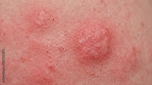 Extreme macro skin rash close up with irritated red hives dermatology medical texture detail