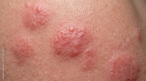 Extreme macro skin rash close up with irritated red hives dermatology medical texture detail