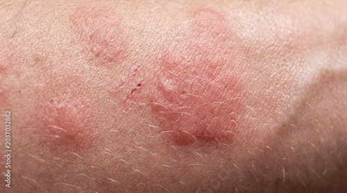 Extreme macro skin rash close up with irritated red hives dermatology medical texture detail