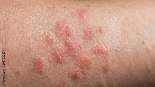 Extreme macro skin rash close up with irritated red hives dermatology medical texture detail