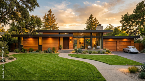 Luxury Mid Century Modern House with Warm Exterior Lighting