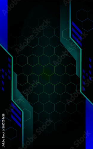 Abstract Futuristic Dark Blue and Black Digital Technology Background with Hexagon Pattern and Glowing Elements