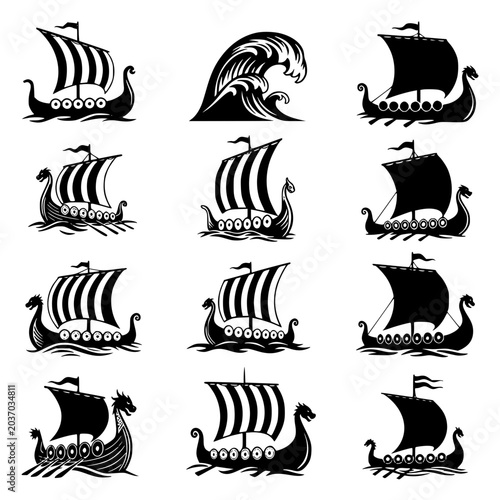 Viking Longship Silhouettes and Ocean Wave Vector Icons