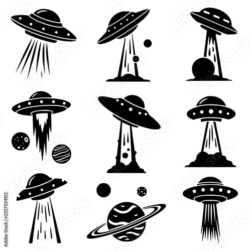 Vector Set of UFO Flying Saucer Icons and Space Elements