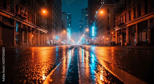 Night City Street Scene with Wet Asphalt Illuminated by Orange and Blue Streetlights