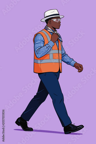 Stylish African American Worker Walking in Safety Vest