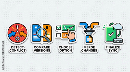 A hand chooses an option to merge changes and finalize sync