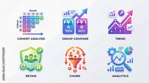 The infographic illustrates a business analytics scene with trend and cohort analysis charts in a digital office environment from a graphic viewpoint with RJ_LXLNEX_VF elements.