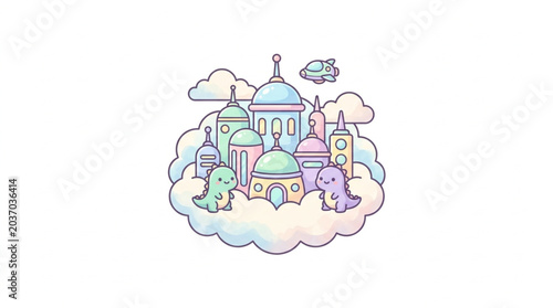 Bild auf Leinwand Cute cartoon dinosaurs in a pastel fantasy city on clouds.