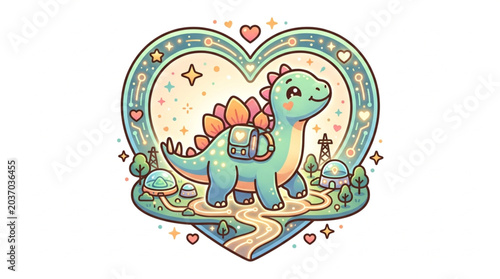 Photos Cute cartoon dinosaur with backpack inside a heart frame.