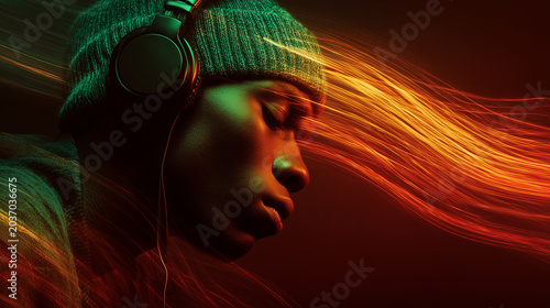 Side profile of a man with orange light streaks across his face, dynamic movement concept, creative urban lifestyle mood