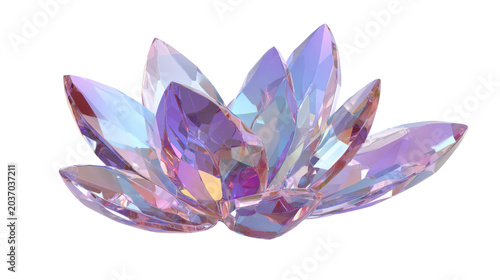 Iridescent crystal lotus flower luxury decorative gemstone sculpture with holographic reflections spiritual wellness meditation and elegant fantasy design on White background