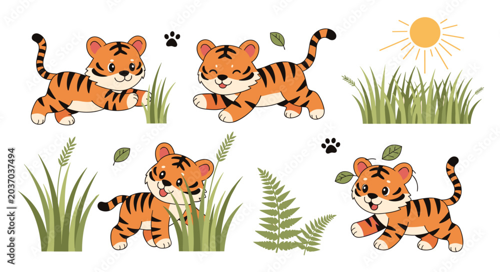 Fototapeta premium Collection of cute cartoon tiger cubs in various playful poses, surrounded by grass and leaves, with a pixelated sun, depicting a joyful and