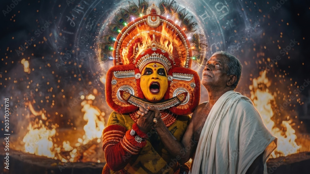 Obraz premium Hyper Realistic Theyyam Trance Scene Beneath Mystical Sky