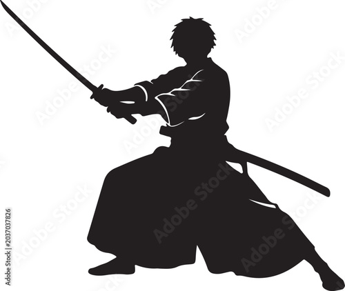 A samurai is practicing sword fighting in a stance with a katana.