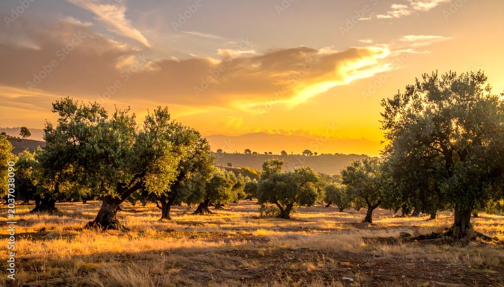 Naklejka premium Sunset over ancient olive grove in Mediterranean landscape