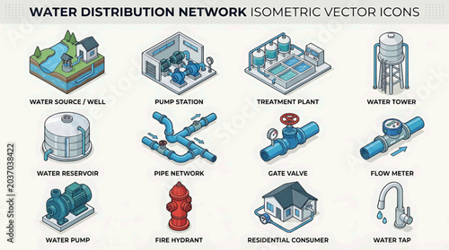 Water distribution network components illustrated in isometric view including pump station, treatment plant and residential consumer