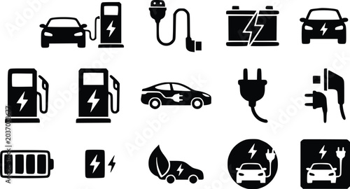 A collection of black and white electric vehicle charging icons