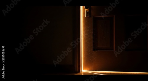 Dark Room with Narrow Glimpse of Bright Light Peeking Through Slightly Open Door