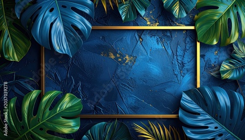 Tropical blue background with gold frame.