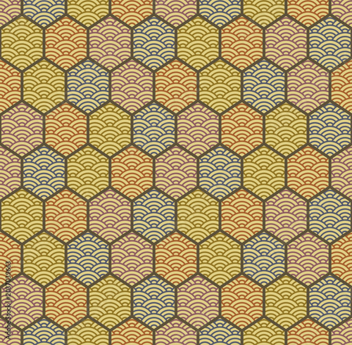 Japanese Circle Wave Line Hexagon Vector Seamless Pattern