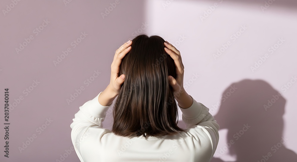 Fototapeta premium Woman with hands on head stress.