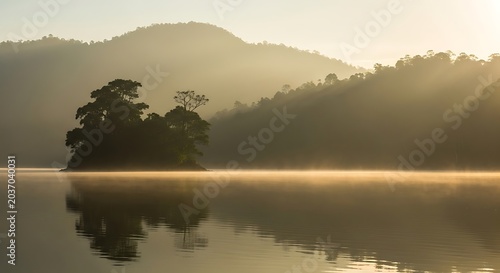 Serene lake landscape with misty mountains.