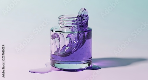 Glass bottle with purple liquid.