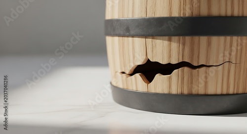Damaged wooden barrel with metal hoops.