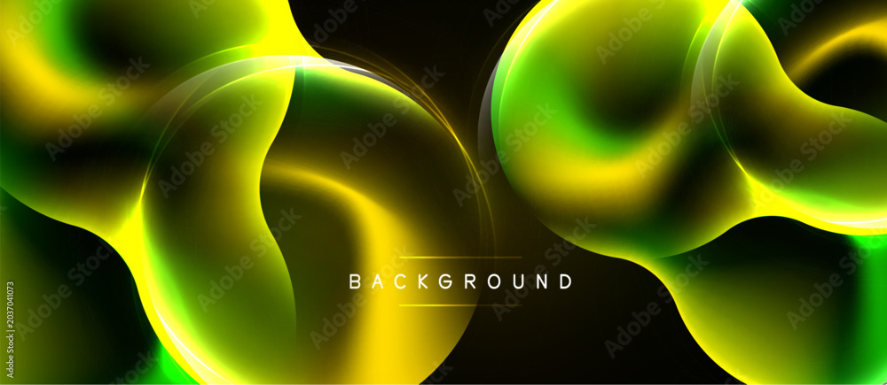 Naklejka premium Abstract fluid shapes, vibrant green, yellow hues. Dark background creates contrast, modern design element. Smooth gradients, dynamic composition.