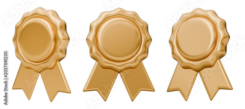 Schilderij op canvas Seal ribbon badge rosette stamp label medal gold golden metallic shiny luxury, award certificate winner achievement recognition success quality, guarantee official certified set, 3d illustration