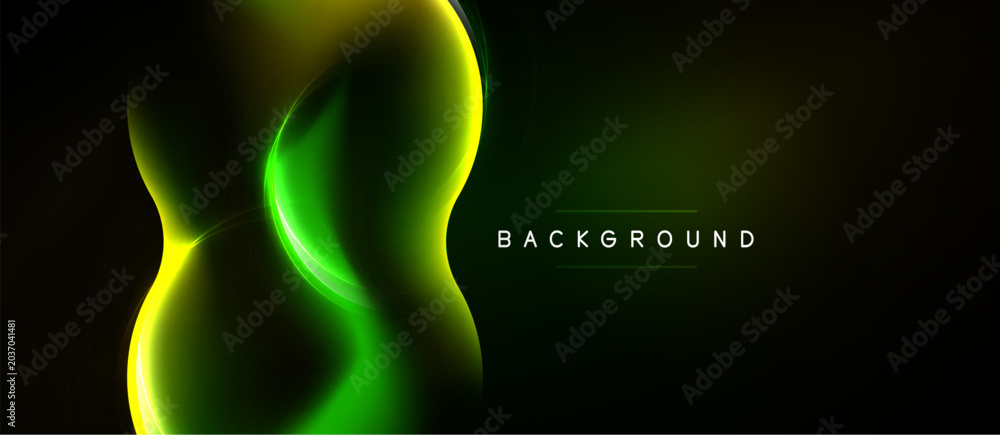 Naklejka premium Abstract neon lines form fluid shape against dark backdrop. Bright green, yellow hues create dynamic visual effect. Modern design element.